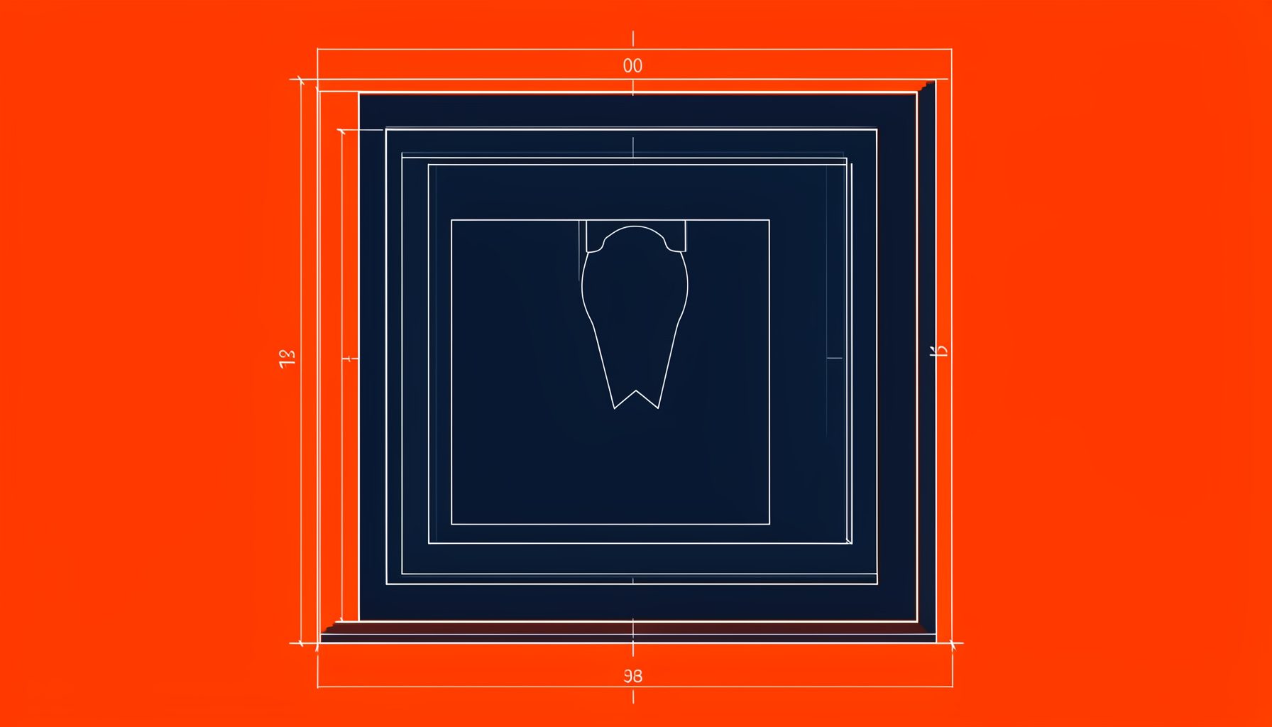 A technical blueprint-style drawing of a shadowbox frame with layered matting, showing precise cutouts for a badge and ribbon placement in deep navy and charcoal tones