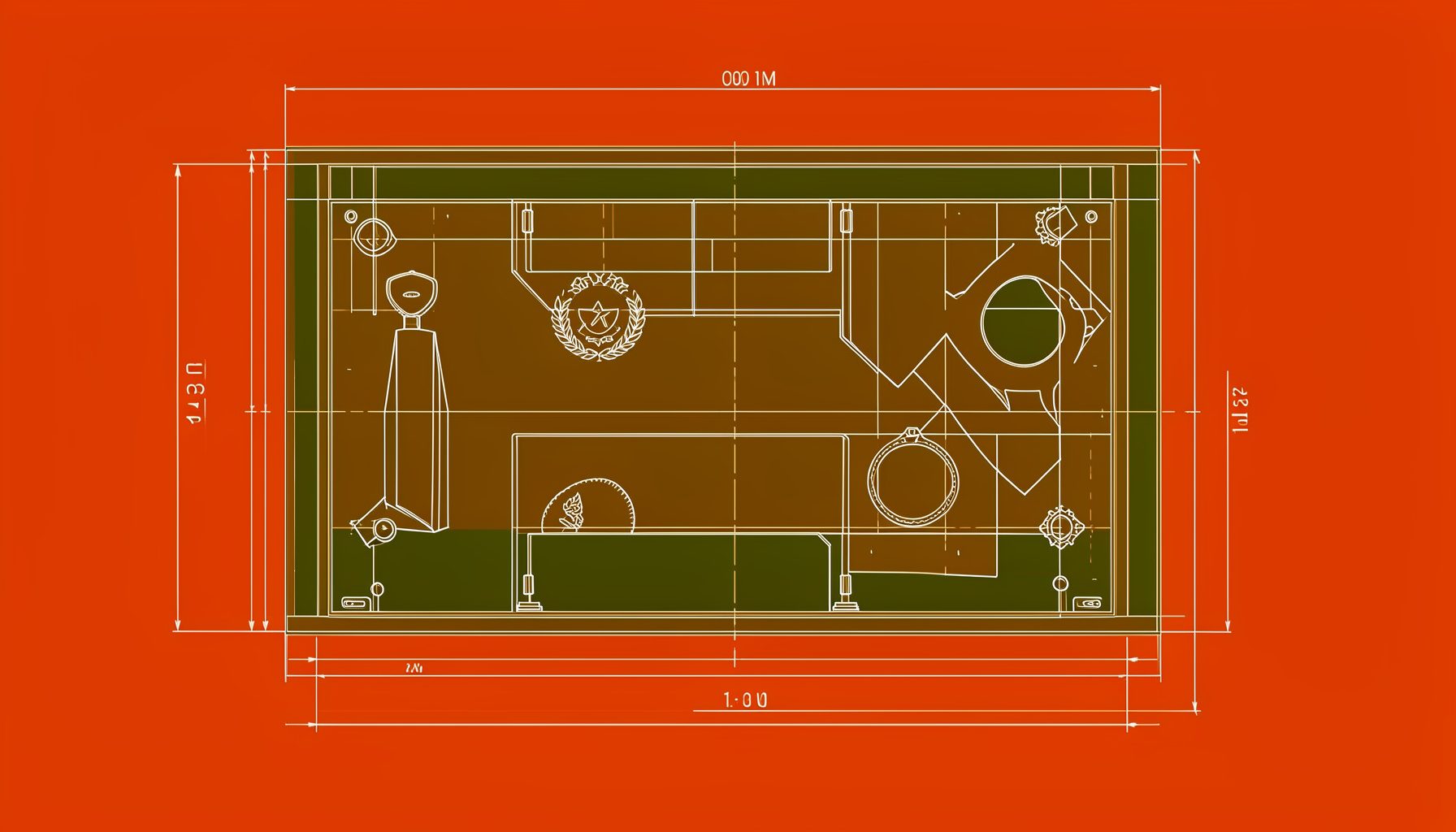 A technical blueprint drawing of a display case interior showing mounting posts and recessed channels for medals and ribbons, rendered in warm brass and deep green