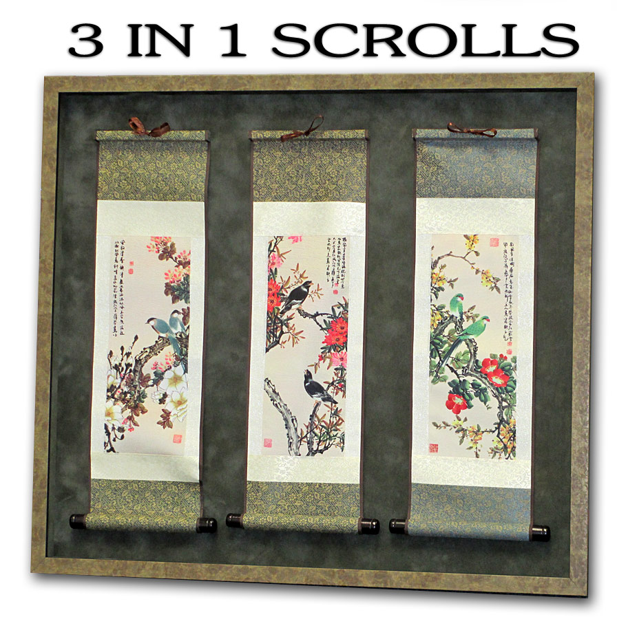Three hanging scroll paintings with birds and flowers in muted earth tones, mounted together in a dark frame